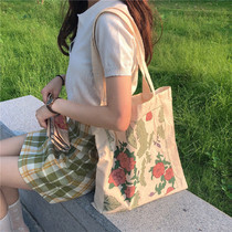  chic Japan and South Korea small fresh rose flower canvas bag wild one shoulder shopping bag student girl fairy bag ins