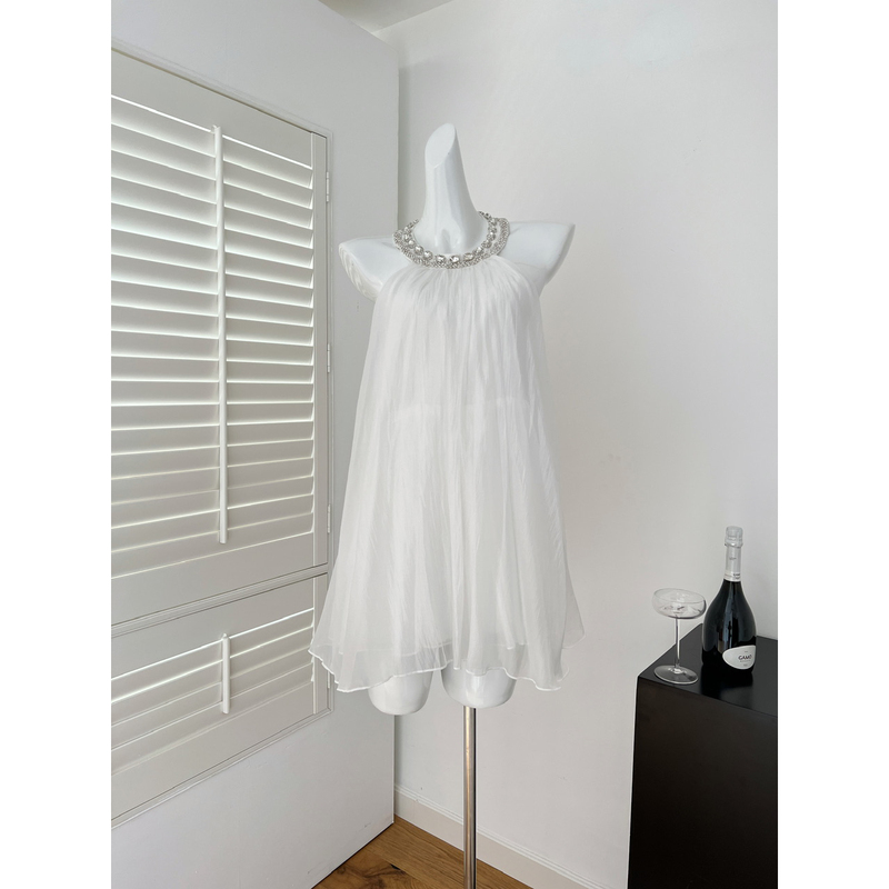 Lock Kk's Stunning White Swan Socialite Halter Dress with Rhinestones and Lace, Off-Shoulder Birthday Dress for Women
