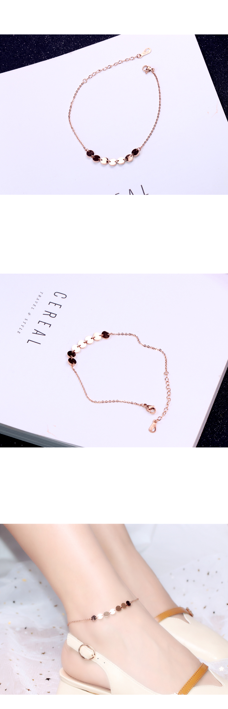 Titanium thép mạ vàng hồng 18K khóa màu vàng vòng chân sequin Thời trang Hàn Quốc trang sức thanh lịch nữ món quà K009 vòng chân nữ đẹp