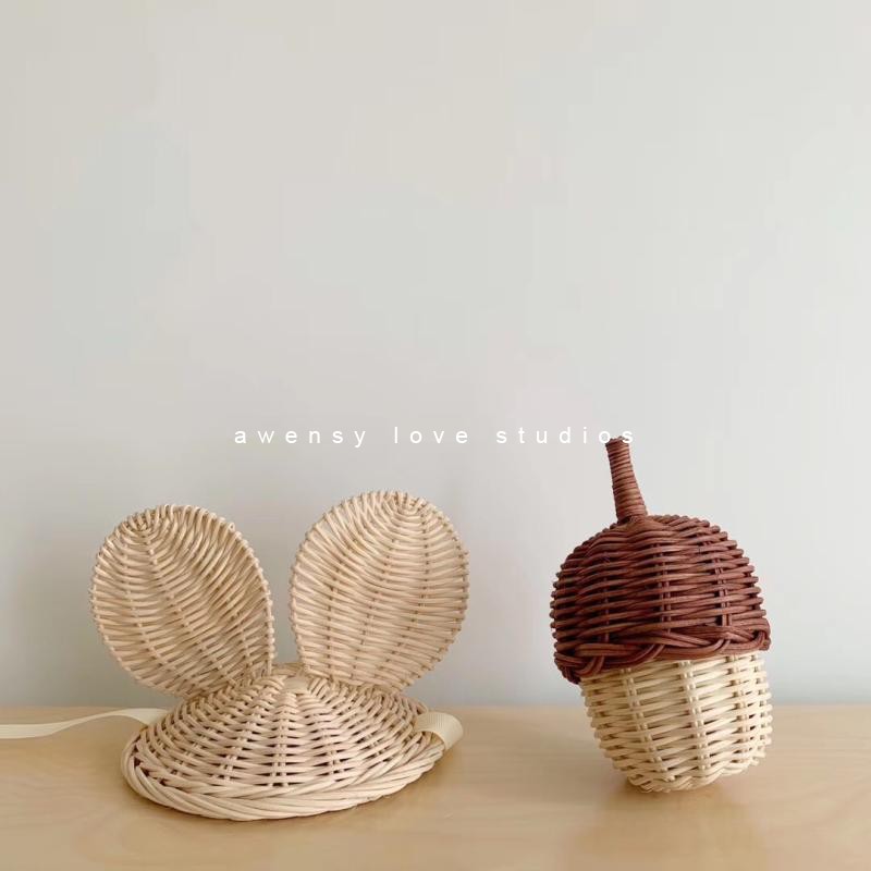 Awensy love Mickey handmade rattan hat ins Korean children's birthday hat acorn bag photo props