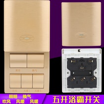 International electrician five open Bath switch slide five-in-one switch champagne gold 86 concealed 16A high power