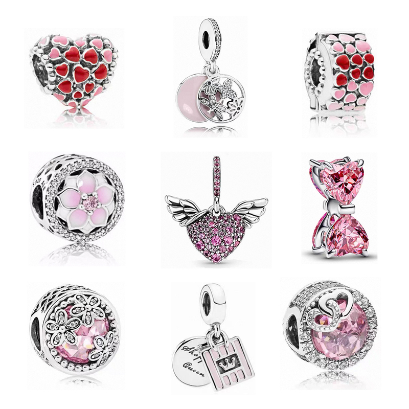 Overseas Store Panjia Pink Bracelet Beads Sterling Silver Magnolia Loose Beads Heart-Shaped Beads Ocean Heart Charm