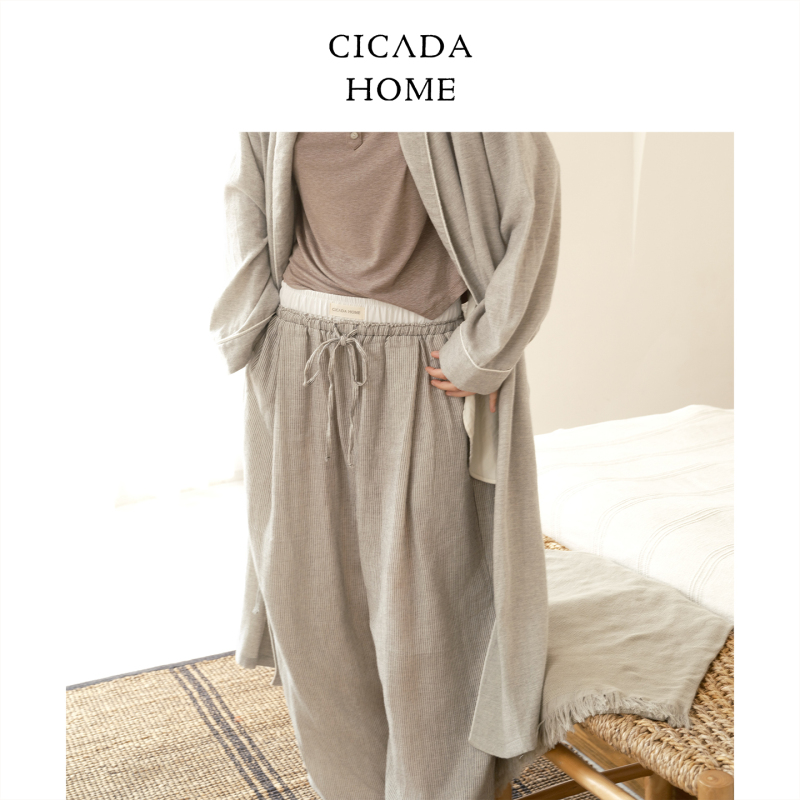 Cicadahome【Coast】Pure Cotton Simple Striped Home Pants for Women, Autumn, Can Be Worn Outside, Tie-Up Pajama Pants