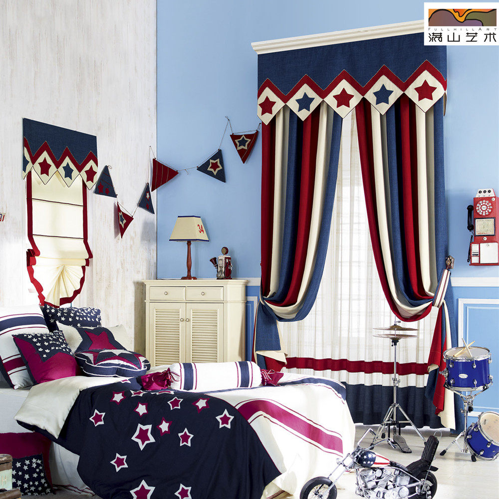 Children's room Blackout curtains Eco-friendly American bay window Boys bedroom room Cotton hemp Red White Blue stripes Captain America
