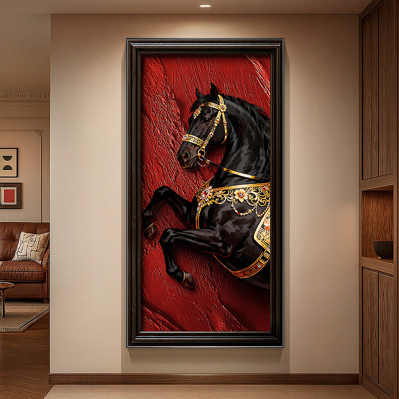 Medieval-Style Horse-Themed Entrance Decoration Painting, Black Horse Corridor Hanging Painting, Vintage Entrance Wall Painting Facing the Wall