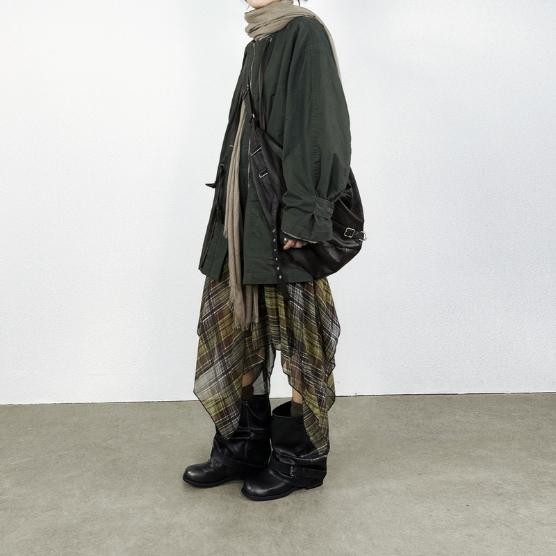 Uxi Retro Workwear Pocket Design Drawstring Zipper Jacket Mid-Length Trench Coat