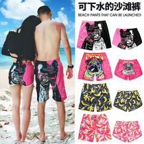 Seaside vacation couple quick-drying beach pants mens flat angle hot spring swimming trunks printed four-point pants can be launched into the water large size shorts