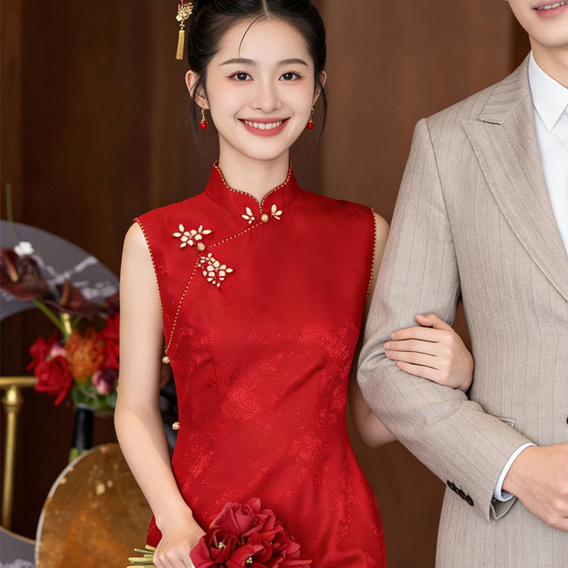 Beautiful Silk Red Cheongsam for Women 2026 Spring and Summer New Wedding Toast Dress for Women Bride Engagement Dress