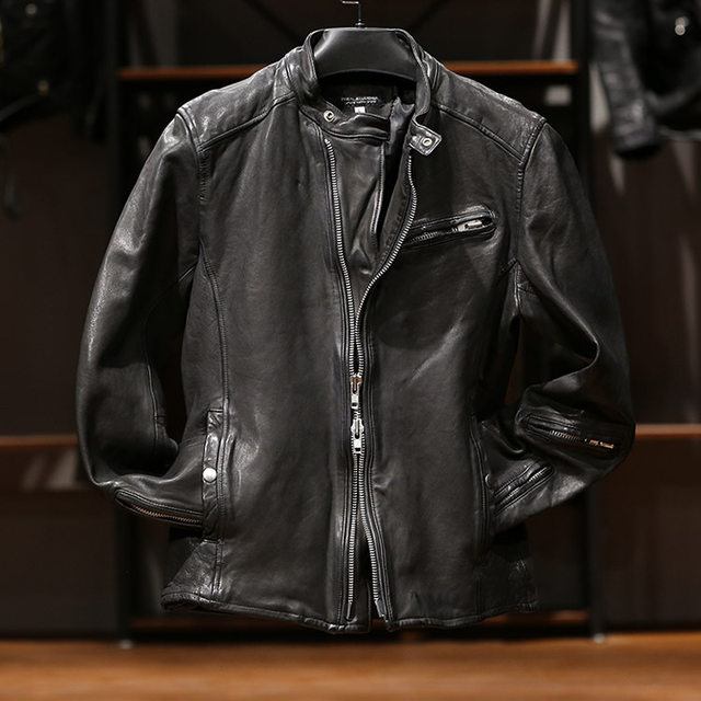 ເສື້ອຍືດຜູ້ຊາຍຄົນອັບເດດ: ແບບກະທັດຮັດຂອງຍີ່ປຸ່ນຜູ້ຊາຍ stand collar ສັ້ນ diagonal zipper ລົດຈັກ jacket ຫນັງຜັກ tanned sheepskin jacket