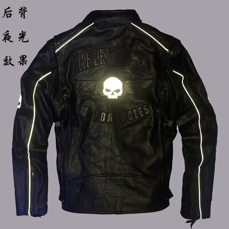 Motorcycle Leather Jacket for Men, Reflective Skull Design, with Inner Lining, First-Layer Cowhide Leather Jacket, Genuine Leather Riding Jacket Motorcycle Leather Jacket for Men, Reflective Skull Design, with Inner Lining, First-Layer Cowhide Leather Jacket, Genuine Leather Riding Jacket