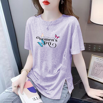 ເສື້ອຍືດແຂນສັ້ນ ice silk breathable 2026 summer loose slimming slit fashionable bronzing round neck top