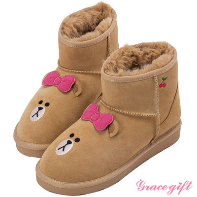 Grace gift X LINE FRIENDS-Solid rear cloth mark short cylinder snow boot apricot