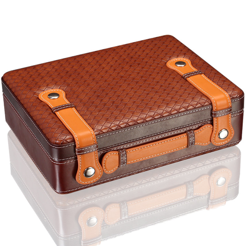 Genuine Leather Woven Textured Cigar Case Travel Portable Hand Cigar Box Cigar Moisturizing Box Cedar Wood Solid Wood Cigarette Case