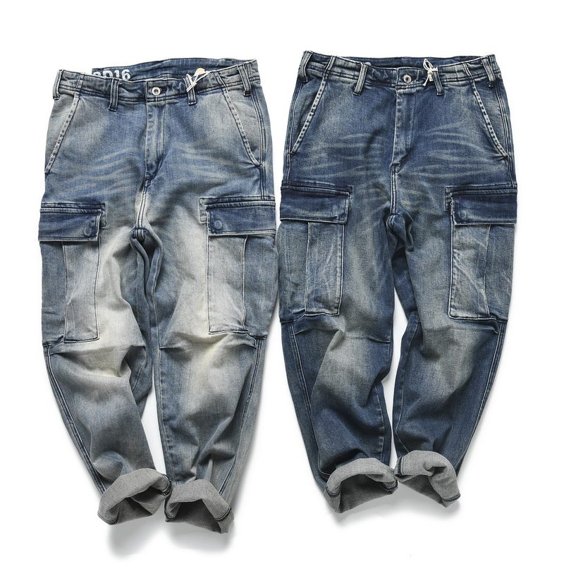 Shawn Yue Foreign Trade Original Single Tail Heavy Wash Boys Three-dimensional Multi-Bag Tooling Loose Straight Casual Jeans