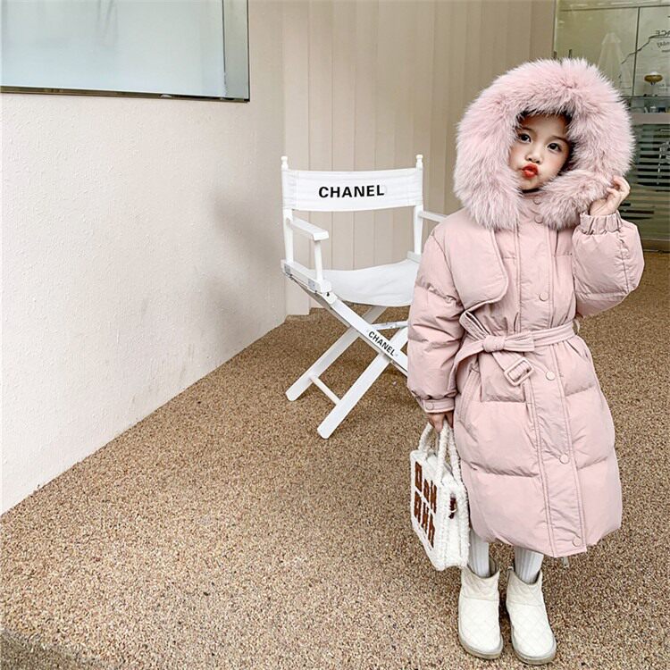 South Korean children's down clothes girl's medium long version 2021 new wave in children thickened white duck suede big fur collar child clothing
