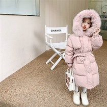 South Korean childrens feather jacket girl in the long - line 2022 new tide of children thickened duck - duvet big hair - neck children