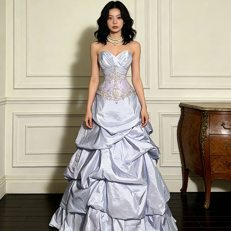 French Retro Style Strapless Heavy-Duty Purple Engagement Wedding Light Wedding Dress Light Luxury Coming-Of-Age Ceremony Birthday Host Evening Dress