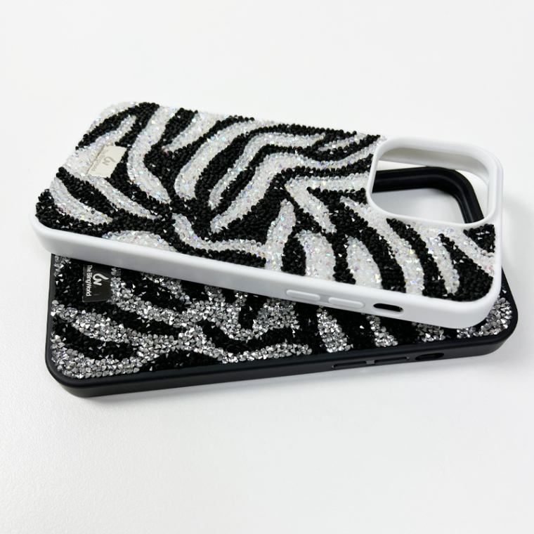 Girls Zebra Stripes Shiny Rhinestone Diamond Bling – Luxury 15, 14, 13, 12 iPhone Case