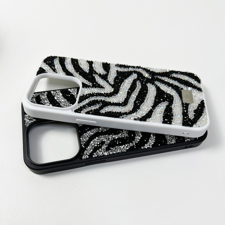Girls Zebra Stripes Shiny Rhinestone Diamond Bling – Luxury 15, 14, 13, 12 iPhone Case