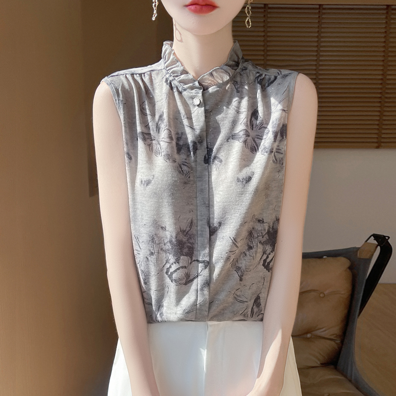 Fine Knit Thin Camisole with Lace Collar, Sleeveless Shirt, Knitted Suit Base Layer, Printed Top for Women