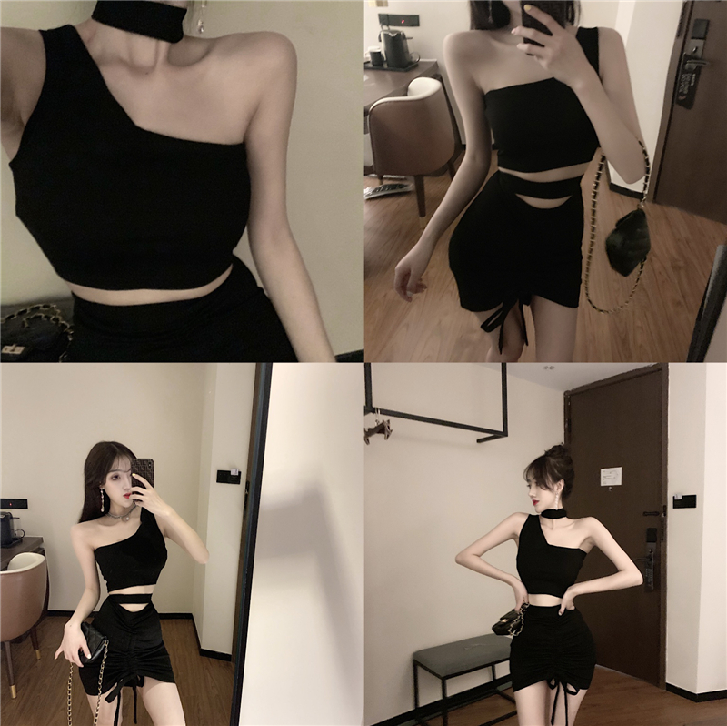 VK旗艦店 韓系斜肩露腰抽褶系包臀套裝短袖裙裝