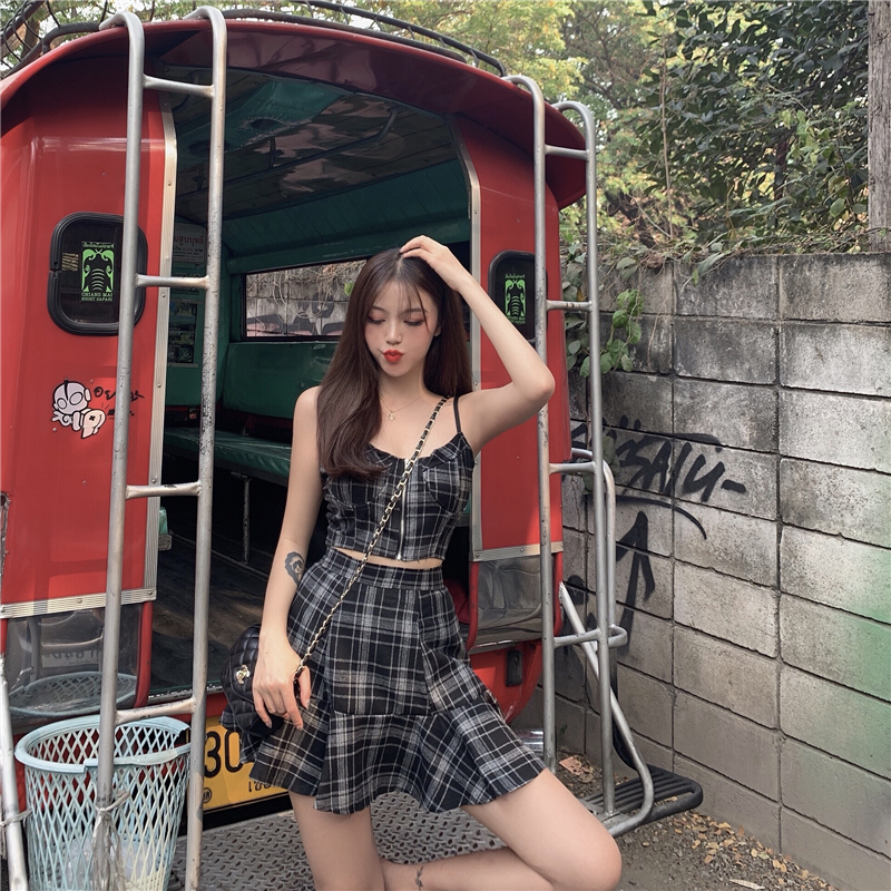 VK旗艦店 韓系復古格紋高腰顯瘦套裝無袖褲裝