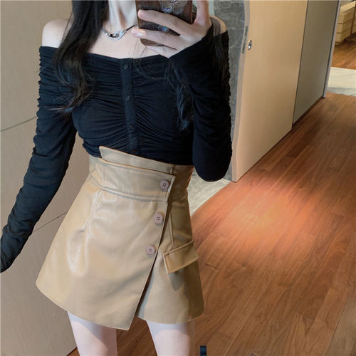 Real price foreign style one shoulder pleated thin bottoming shirt + fashionable high waist irregular leather pants skirt