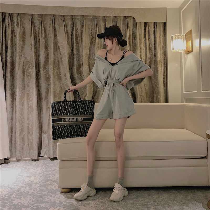 VK旗艦店 韓系連帽寬鬆抽繩連身褲套裝短袖褲裝