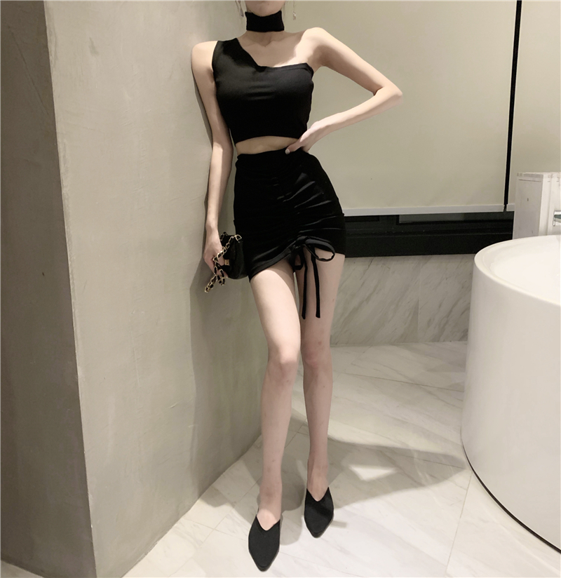 VK旗艦店 韓系斜肩露腰抽褶系包臀套裝短袖裙裝