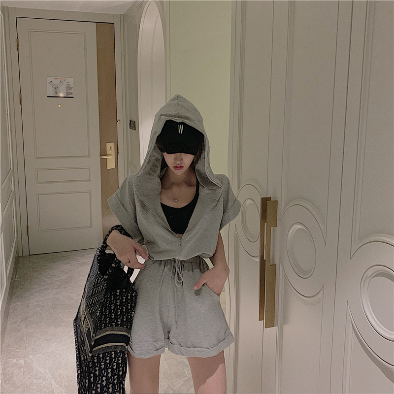 VK旗艦店 韓系連帽寬鬆抽繩連身褲套裝短袖褲裝