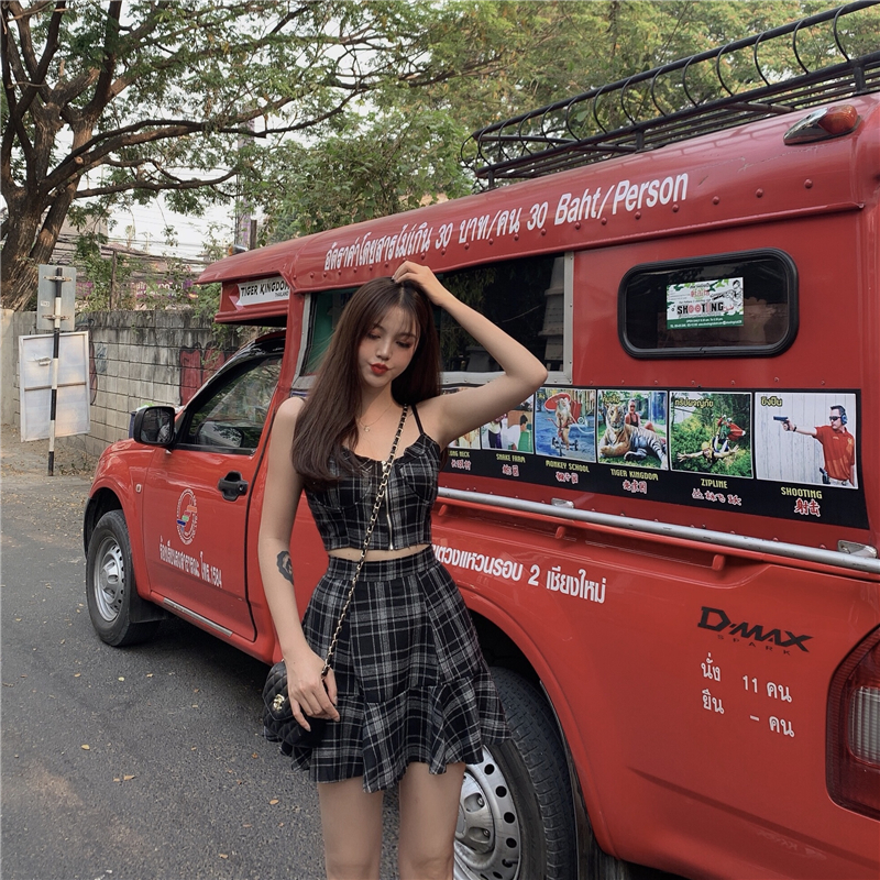 VK旗艦店 韓系復古格紋高腰顯瘦套裝無袖褲裝