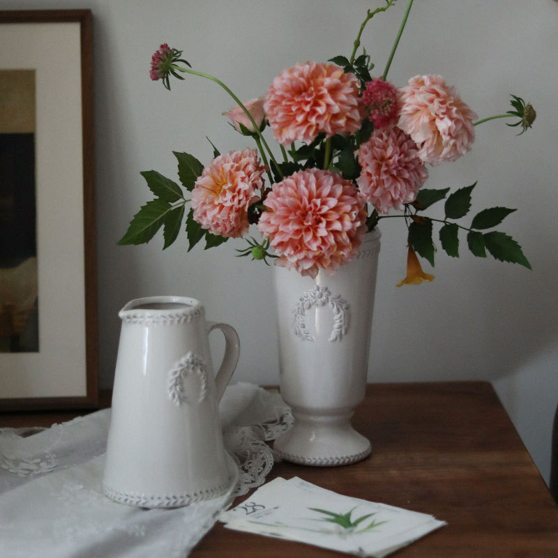 French-Style Vase, Ceramic, Simple Flower Arrangement, Relief, Hydroponic Vessel, Niche, Retro, Light Luxury, Home Living Room Decoration, Accessories