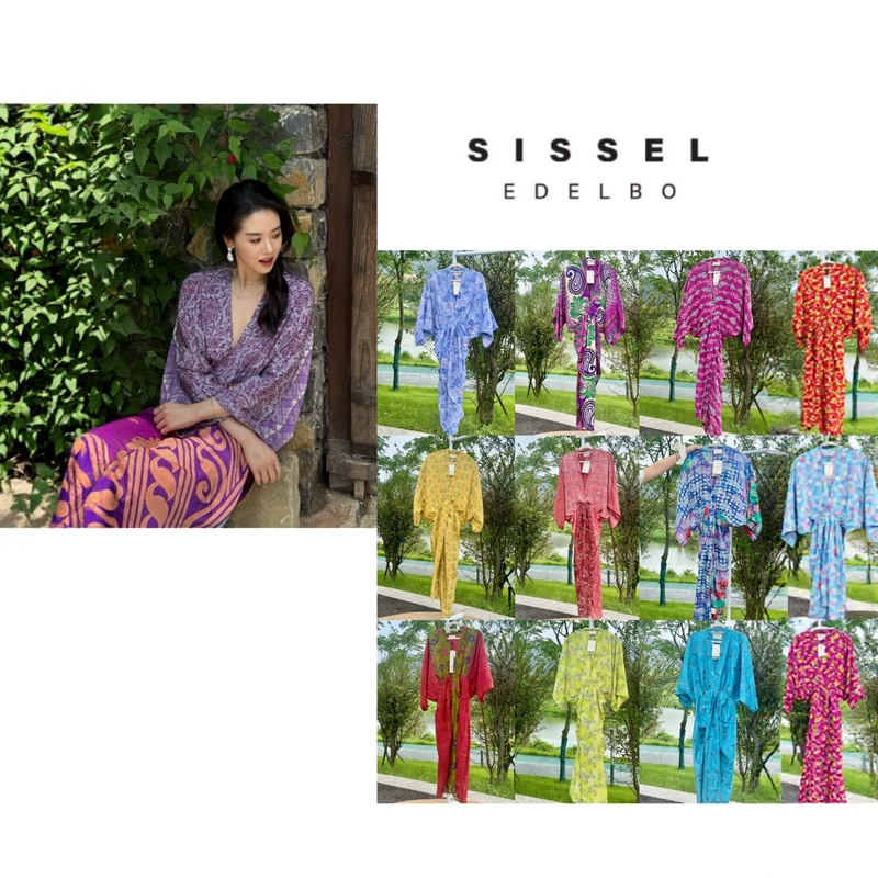 26Ss New Arrivals Multi-Color Sissel Edelbo Juno Vintage Saree Silk Color-Blocked Dress