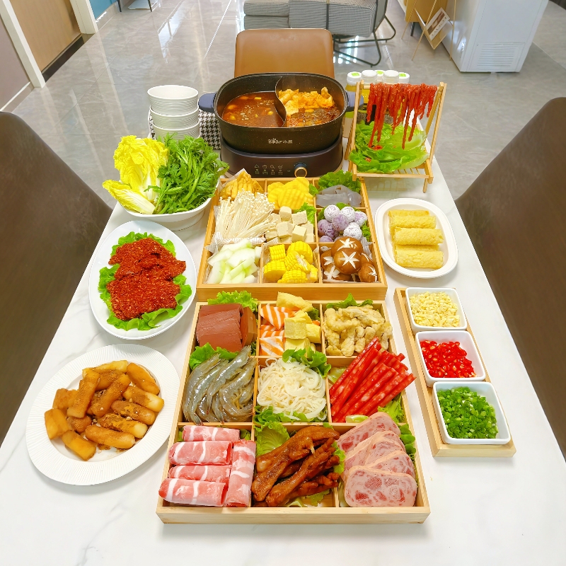 Nine-Compartment Hot Pot Side Dish Tray, Creative Wooden Ingredient Tray, Multi-Functional Tray for Cooking Around the Stove, Tea and Snack Grid Tray