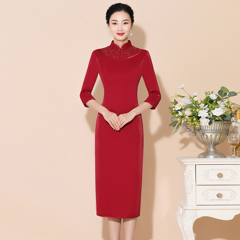 Mom Cheongsam Dress Wedding Banquet Autumn Dress Medium Long Edition Red Wedding Mother Improved Dress Hi Mother-in-Law Cheongsam Skirt