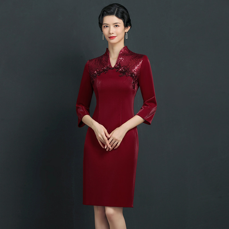 Happy Mom Gown Noble Improvement Young Qipao Dress Fashion Quasi Mother-in-law Wedding Banquet Dress Mother-in-law Dress Up and Autumn Fashion