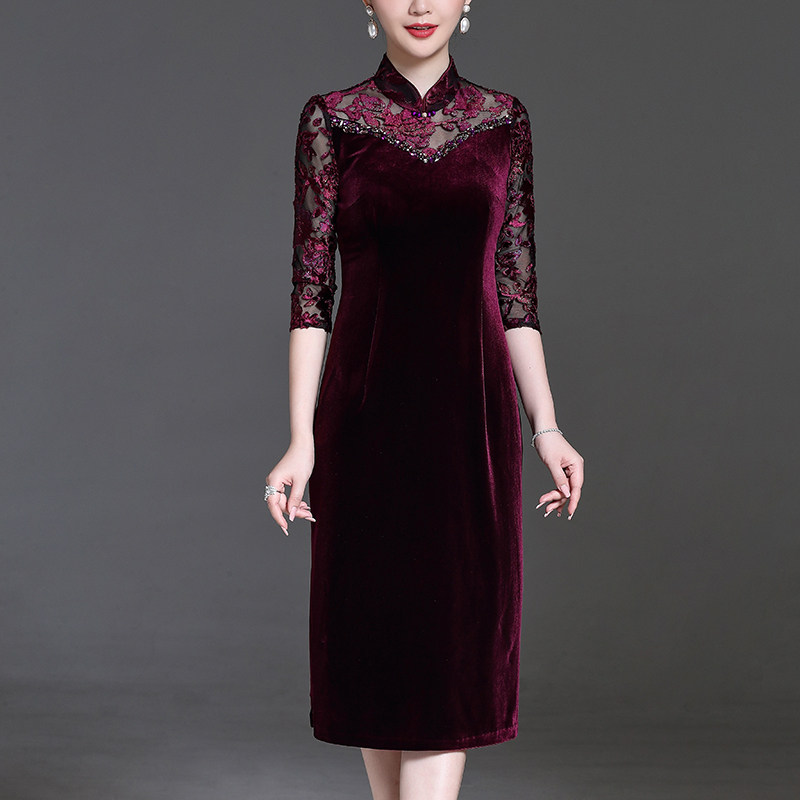 Happy mother-in-law long-sleeved cheongsam dress spring and autumn middle-aged wedding mother-in-law married daughter noble wedding dress