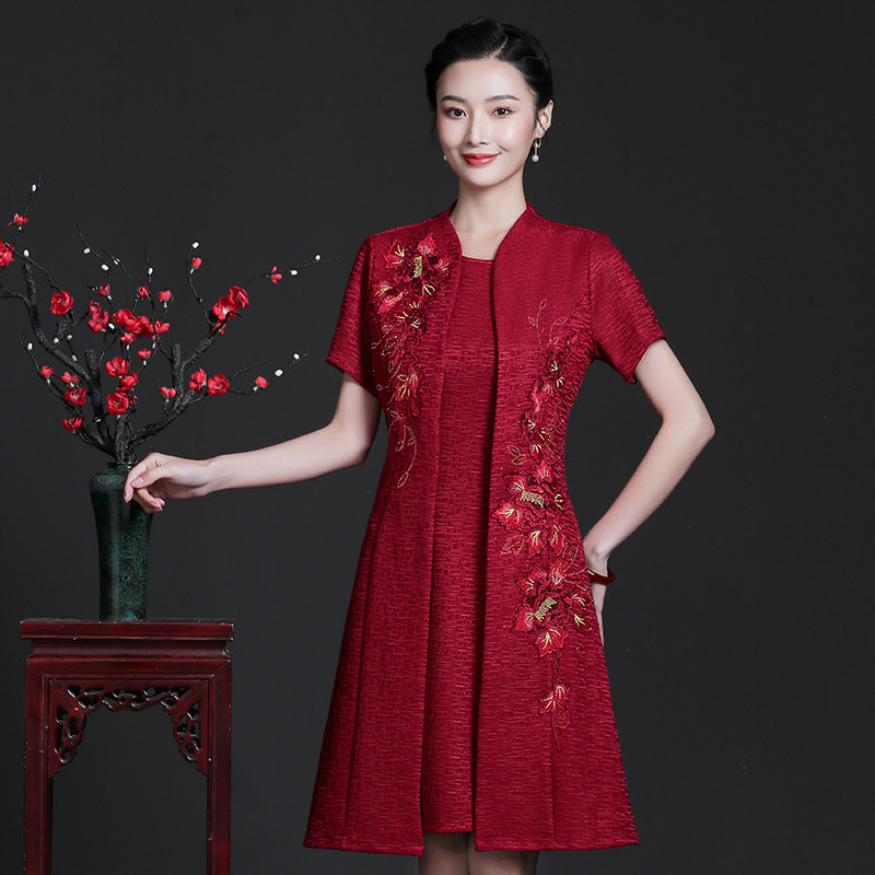 Small mother dress summer dress new extravagant embroidery middle-aged women's fake two-piece wedding dresses for mother-in-law