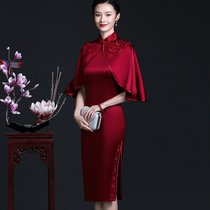 Wedding gown qipao Spring and autumn Two suits Mom Yangqis mother-in-law Wedding Banquet Dress Noble Acetate Satin Dress