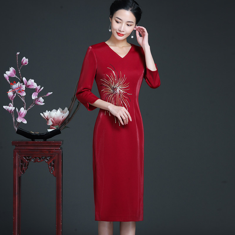 High-end mother-in-law wedding long-sleeved dress wedding mother spring and autumn dress cheongsam wedding female Western style toast clothing
