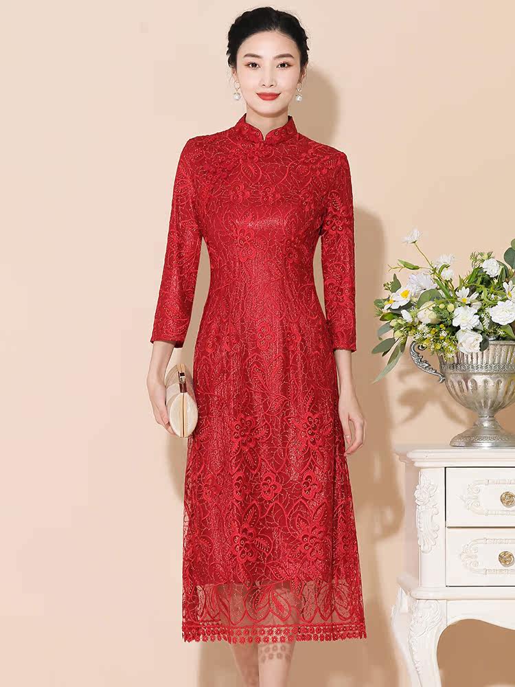 Wedding mother spring and autumn noble high-end festive cheongsam dress happy mother-in-law wedding banquet dress married girl long-sleeved