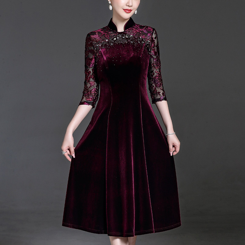 Mother happy mother-in-law bride dress wedding long-sleeved dress noble cheongsam mother-in-law wedding new high-end