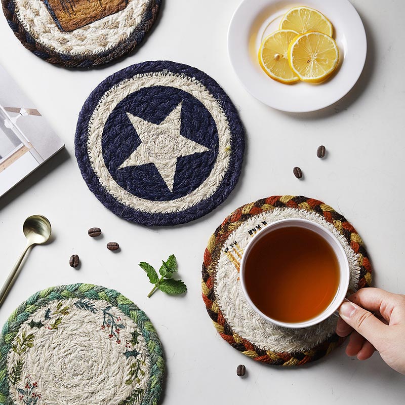 Xindianjia hand-woven heat insulation mat table mat light luxury Nordic cotton and linen coaster anti-scalding round casserole household