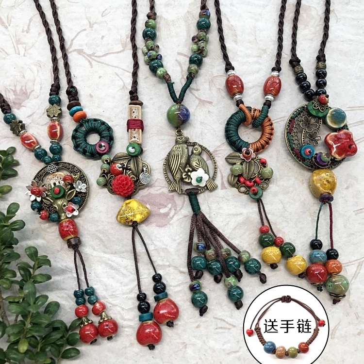 New Forest Department Handmade Ceramic Necklace Woman Retro 100 Hitch Dressing Chain Brief About Long Version National Wind Accessories Pendant