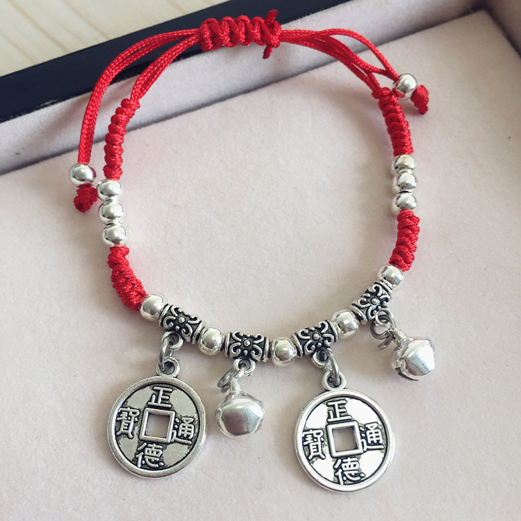 Retro phong cách dân tộc dây đỏ vòng tay nhỏ tươi đôi chuông dài cuộc sống khóa vòng chân handmade Đồ trang sức bạc Tây Tạng để giữ an toàn vòng huyết long