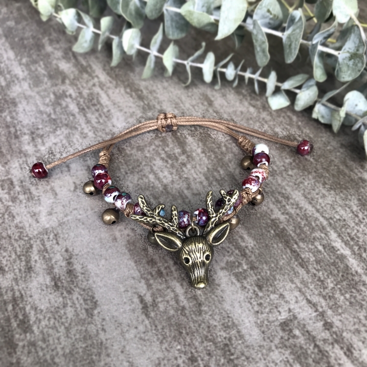 Hệ thống rừng boho retro gốm hươu vòng tay dân tộc dễ thương chuông cô gái vòng tay trang sức vòng gỗ