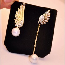 Han Edition Nightclub Fashion Trends Ear Accessories Angel Wings Asymmetric Pearl Earrings Star Extravagant Gold Inlaid Diamond Earrings