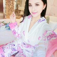 Mùa thu và mùa đông phụ nữ áo dài flannel áo choàng dài tay kimono áo choàng tắm Hàn Quốc lông cừu bộ đồ ngủ áo choàng tắm áo ngủ đẹp