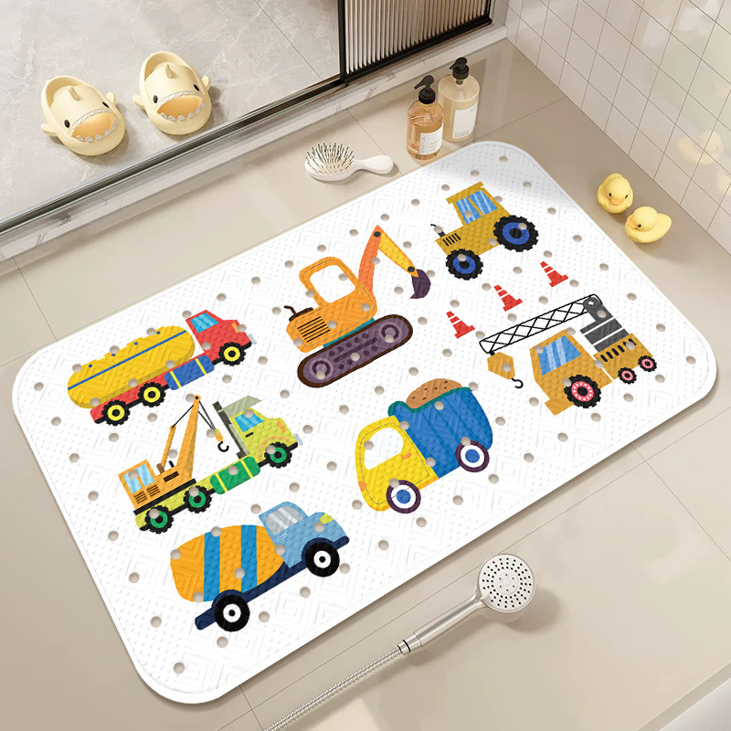 Quick-Drying Drainage Suction Cup Non-Slip Floor Mat for Children Bathing Standing in the Bathroom Shower Room Anti-Fall Foot Mat Construction Vehicle