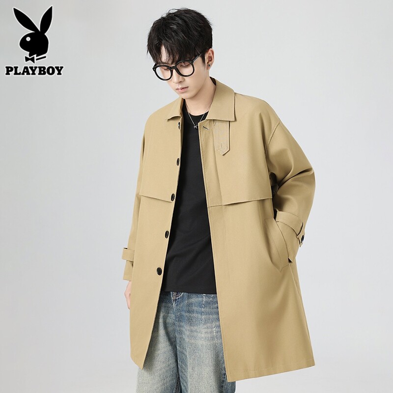 Ветровка Playboy из натуральной кожи цвета хаки, мужское пальто, весна 2026, новинка, модная брендовая куртка средней длины для мужчин